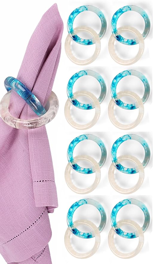 Set of 8 Epoxy Resin Napkin Ring - Interlocked Handmade Farmhouse Table Decor for Dining, Weddings, Holidays - Durable Elegant Napkin Holders for Special Occasion Blue Opaque - CLEENTABLE