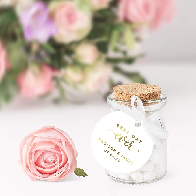 Andaz Press Personalized Round Circle Wedding Gift Tags, Metallic Gold Ink, Best Day Ever, 24-Pack, Custom Made Any Name