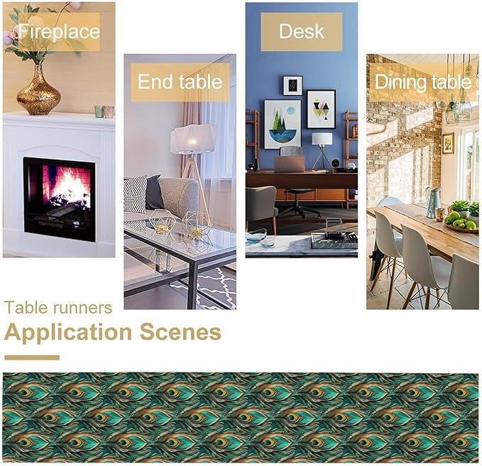 Peacock Feather Table Runner,Retro Aesthetic Green Table Runner for Home Kitchen Dining Party Indoor Outdoor Decoration 13x70 Inch