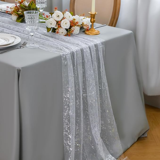 Snowkingdom 10 Pcs 10 FT Silver Table Runners, Sheer Chiffon Gauze Cheesecloth Runner, Sequin Glitter Silver Party Table Decoration Centerpieces for Wedding Christmas Birthday Bridal Baby Shower