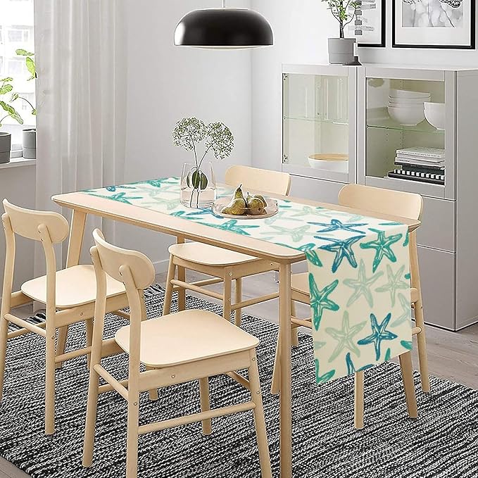 Starfish Plaid Table Flag Green Plaid and Marine Life Starfish Kitchen Table Flag Suitable for Birthday Party Restaurant Decoration Outdoor Picnic 13 * 60 Inch