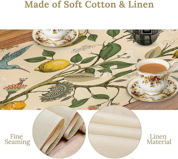 Table Runner with Flowers and Birds, Spring Plant Flowers Table Decoration Linen Table Runner Family Party Party Decorations 13x70 Inches
