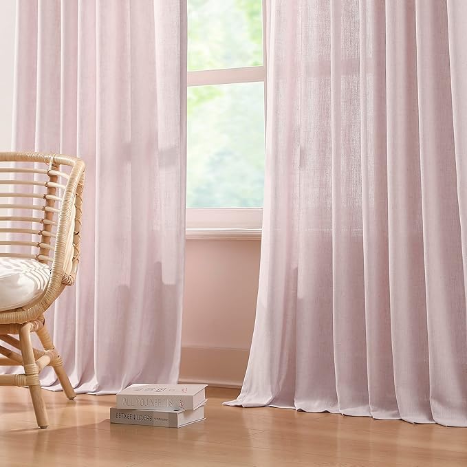 Vision Home Light Pink Pinch Pleated Semi Sheer Curtains Textured Linen Blended Light Filtering Window Curtains 90 inch for Living Room Bedroom Patio Pinch Pleat Drapes with Hooks 1 Panel 60" Wx90 L