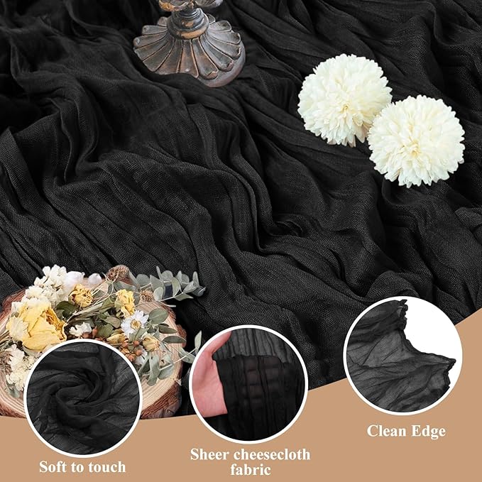Asee'm 2pcs Cheesecloth Table Runner 120 Inches Long Black Boho Gauze Cheese Cloth Runner 10FT Rustic Sheer Table Runners for Christmas Wedding Party Baby Shower Spring Easter Decoration