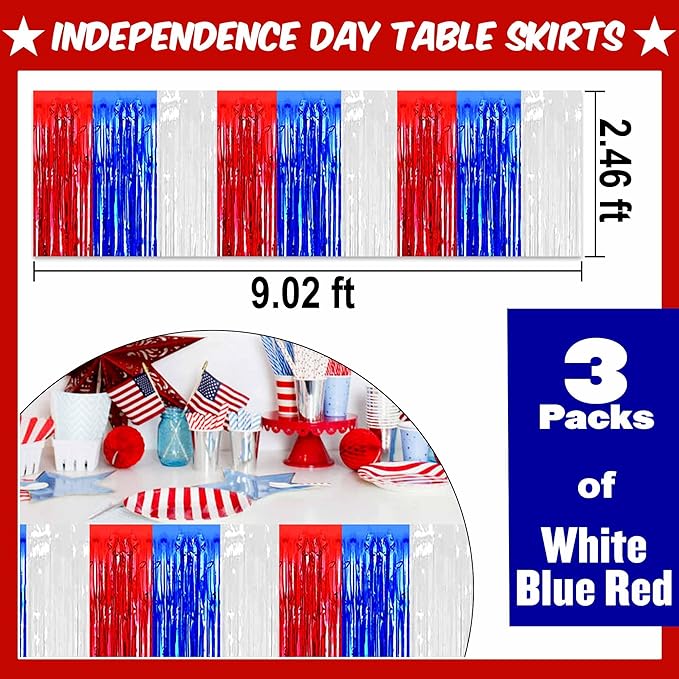 3 Pack White Blue Red Foil Fringe Table Skirts Metallic Tinsel Streamers Garland Banner Backdrop for Table Decor, Parade Float, Birthday, Wedding, Halloween, Christmas Party Decorations(29x108 In)