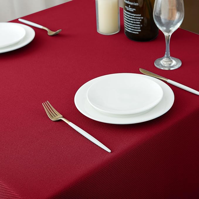 Biscaynebay Textured Fabric Christmas Tablecloths 60x108 Inches Rectangular, Red Water Resistant Spill Proof Tablecloths for Dining, Kitchen, Wedding and Parties, Machine Washable