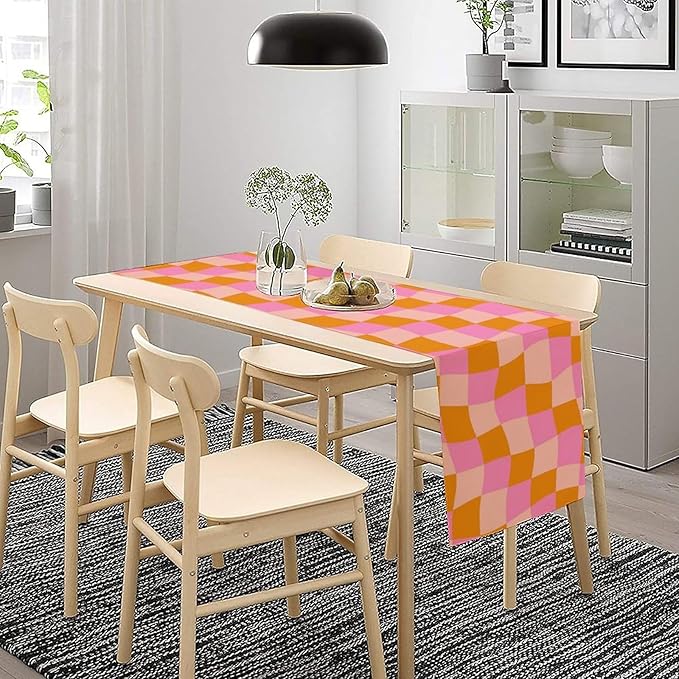 Checkered Table Runner Orange Retro 60s70s Boho Style Kitchen Restaurant Decoration Suitable for Indoor and Outdoor Festival Home Wedding Party Table Runner 13x60 Inch