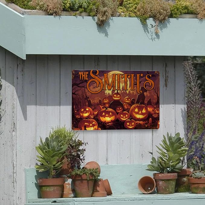Personalized Halloween Metal Sign with Family's Name or Text Custom Pumpkin Wall Decor Signs Fade Resistance for Indoor Outdoor Spooky Gifts for Friends Family