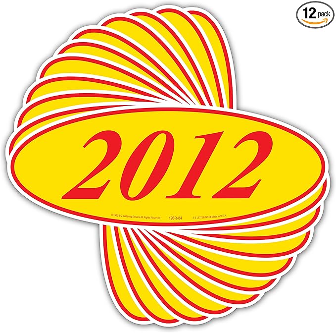 EZ-Line Oval Model Windshield Year Stickers for Car Windows Red and Yellow Large Vinyl Dealership Supplies 1 Dozen Pro Pack (2012)