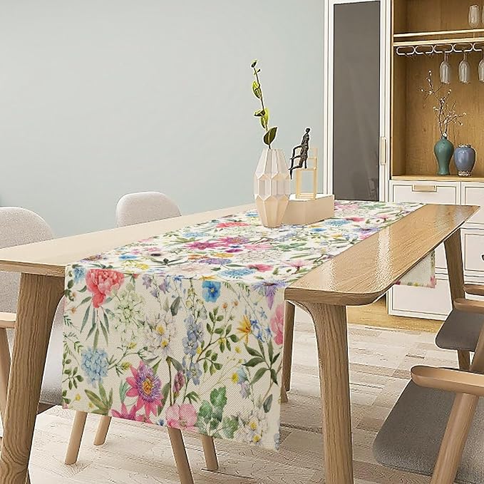 Floral Table Runner Watercolor Peony Rose Flower Kitchen Table Decoration for Indoor and Outdoor Wedding Party 13x60 Inch