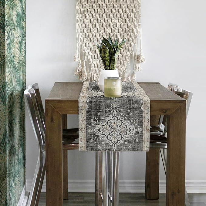 Snycler Table Runner Boho Table Runners Vintage Elegant Farmhouse Table Center Linen Decor for Home Dining Party Entrance (13x108 Inch) Black
