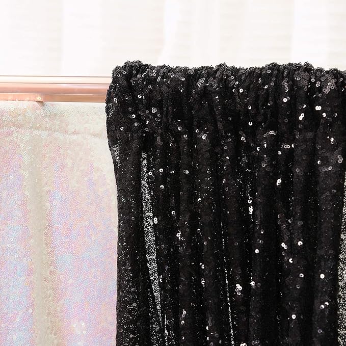 Poise3EHome 2ft x 8ft Black Sequin Photography Backdrop Curtains 2 Panels for Party Decoration, Black