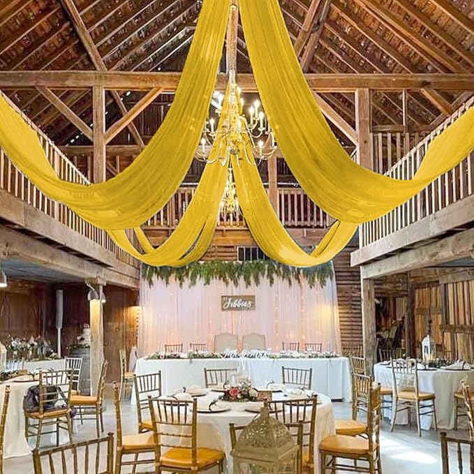 MODFUNS Ceiling Drapes for Parties Gold Ceiling Draping Fabric 5x20ft 4 Panels Sheer Wedding Arch Drapery Chiffon Stage Curtain Tent Ceiling Drape for Reception Banquet Arbor Ceiling Decoration