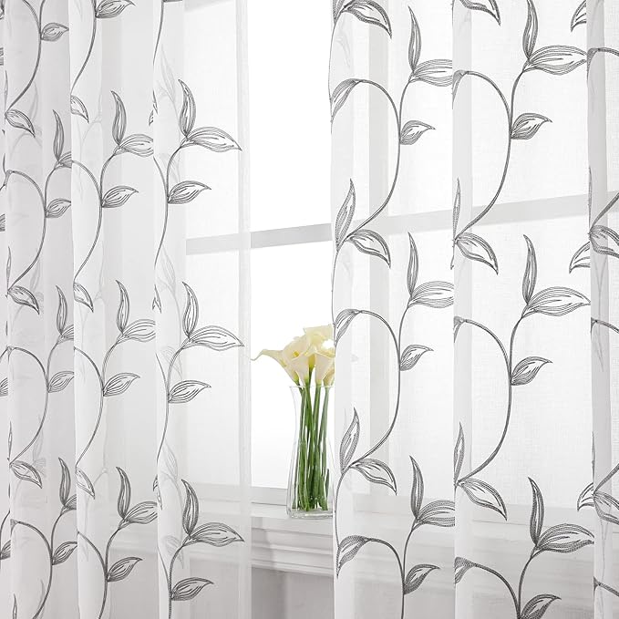 VISIONTEX Sheer Curtains 72 Inch Length 2 Panels, Decor Iron Grey Vine Leaves Embroidery on White Voile Pair, Accent Semi Window Drapes for Kitchen, Living Room and Bedroom, 54" W x 72" L