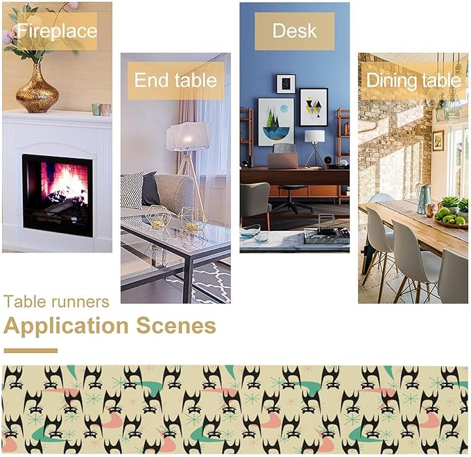 Mid Century Table Runner,Cat Geometric Stripe Colorful Abstract Pattern Print Tablecloth Burlap for Hotel Indoors Outdoor Dining Room Kitchen Holiday Party, 13x36in