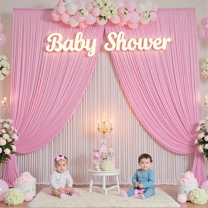 50×12ft Wrinkle Free Pink Backdrop Curtain for Wedding Parties, 10 Panels 5×12ft Long Soft Silky Polyester Backdrop Drapes Baby Pink Photo Back Drop Curtains for Party Photography Background Cloth