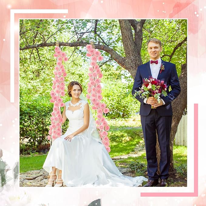 2 Pcs Pink Artificial Rose Vine Hanging Faux Flowers Garland for Wedding Anniversary Birthday Party Background Arch Garden Home Wall Room Decor