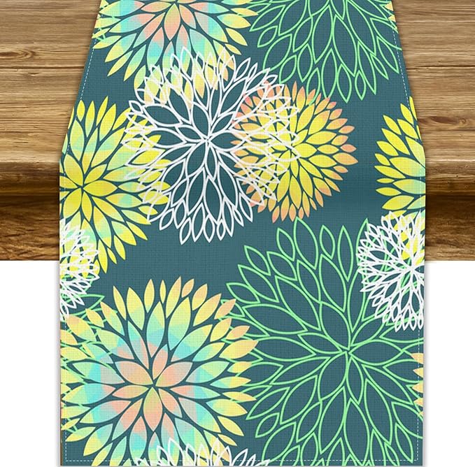 Green Dahlia Flower Table Runner, Linen Geometric Pattern Floral Table Decor Spring Farmhouse Decorations for Kitchen Dining Holiday Party Decor, 13x120 Inch