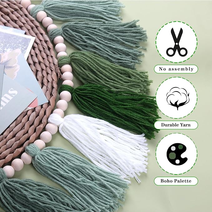 Tassel Garland, 20 Yarn Tassels, 65 Inch, Sage Green Boho Wall Decor