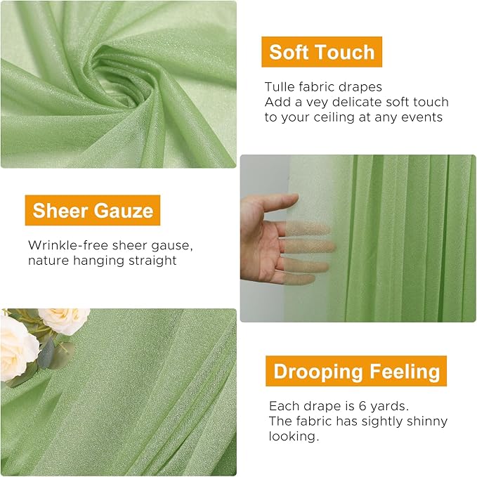 Wedding Arch Draping Fabric 3 Panels 28.7" x 20FT Sage Green Sheer Chiffon Backdrop Drapes for Wedding Ceremony Birthday Party Bridal Shower Outdoor Decoration