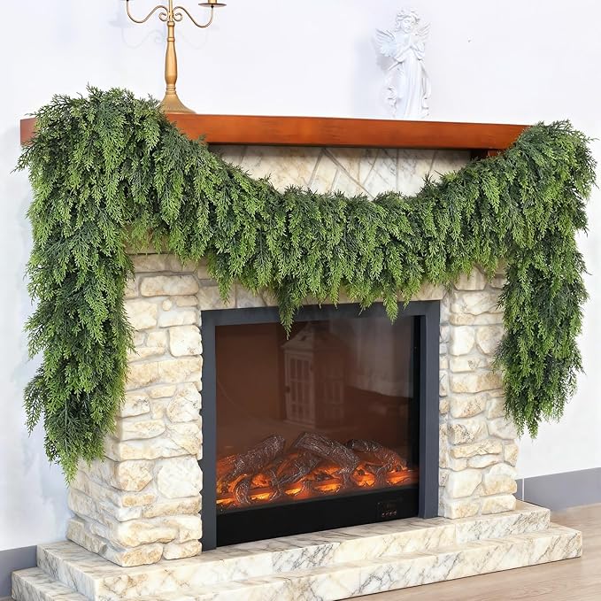 Christmas Cedar Garland - 6ft Artificial Cedar Garland Faux Lush Green Fake Pine Needles for Fireplace,Table,Window,Stairs,Mante,Holiday Indoor Outdoor Xmas Decor(2PCS)