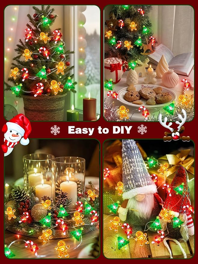 Christmas String Lights Decoration, 10ft 30LED Christmas Tree Gingerbread Man Candy Cane Fairy Lights Battery Operated with Remote, 8 Modes & Timer, Twinkle Light for Home Party Indoor Outdoor Decor