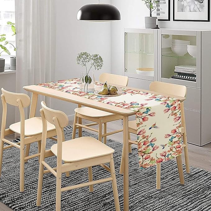 Flowers Table Runner,Floral Bird Butterfly Spring Table Cloth Kitchen Dining Table Home Party Decoration 13x120 Inch