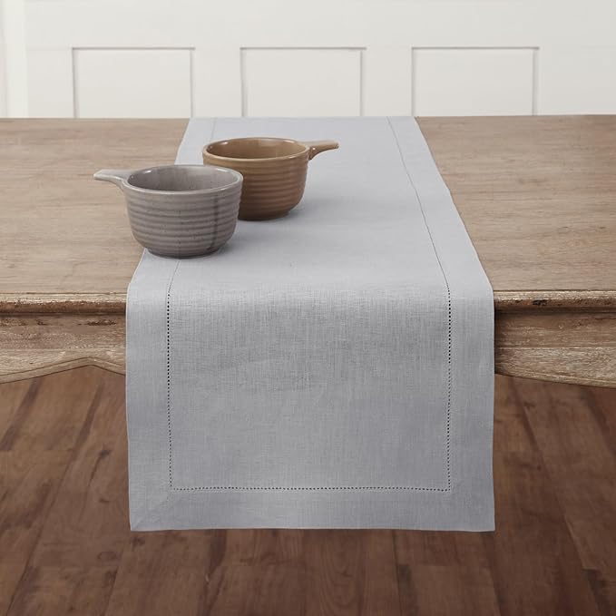 Solino Home Linen Soft Grey Table Runner 72 Inches Long - 100% Pure Linen Hemstitch Table Runner 14 x 72 Inch for Dresser, Dining, Fall, Autumn, Halloween, Thanksgiving, Christmas - Classic Hemstitch
