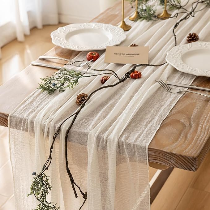 6pcs Ivory Gauze Rustic Cheesecloth Table Runner 120 Inch 10 FT for Wedding Baby Shower Bridal Shower Birthday Engagement Garden Outdoor Party Long Sheer Boho Decorations
