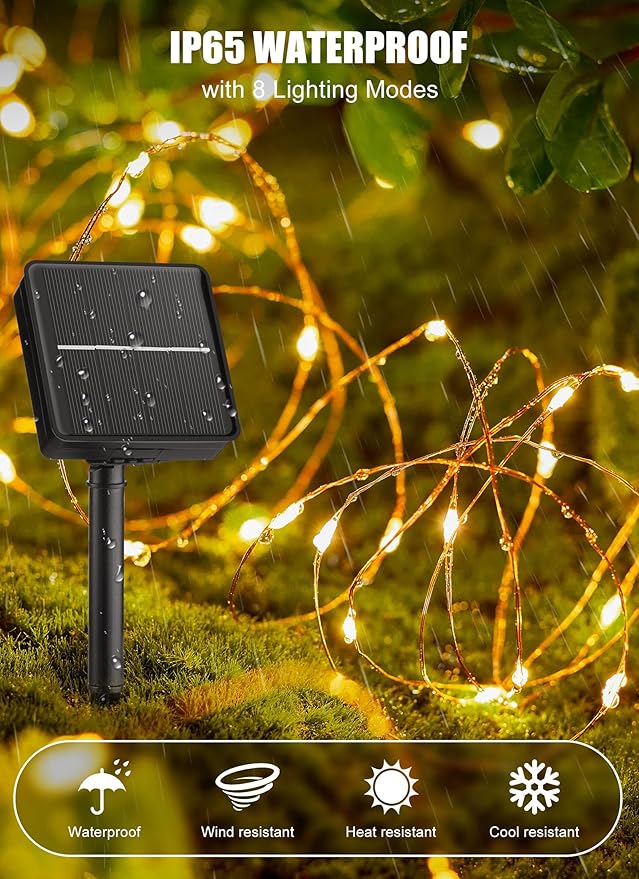 String Lights, 33 Ft 100 LED Warm White Solar Powered, IP65 Waterproof
