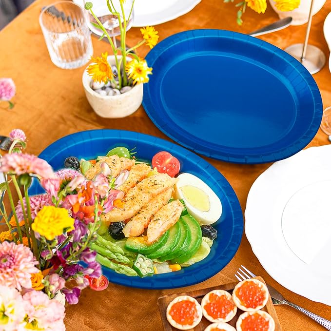 QZYL 50 Count Blue Oval Large Paper Plates, 12.2'' X 10.2'', Bulk Dinner Plates for Birthday, Picnic, Holiday, Camping, Barbecue, Baby Shower Parties