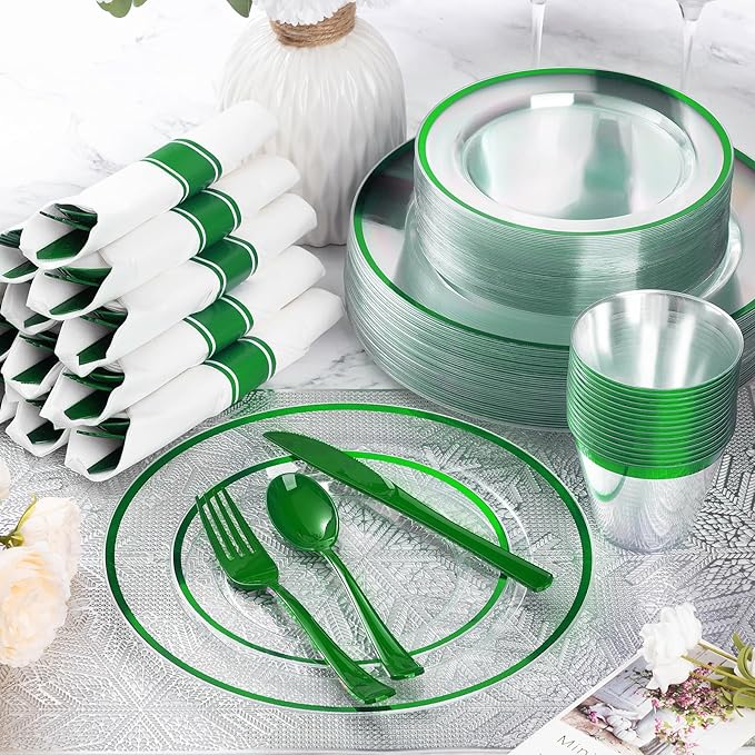 Plates for 50 Guests: Green Plastic Party Set with Cups and Cutlery