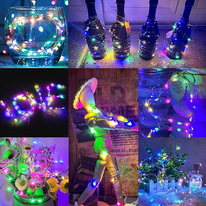24 Pack Led Fairy Lights - Mutilcolor, Battery Operated LED Silver Wire String Lights, 7FT 20LED Mini Firefly Starry String Lights Waterproof Led Twinkle Lights for Mason Jar DIY Christmas Decor