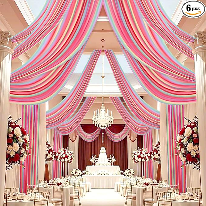 DUOBAO Rainbow Chiffon Wedding Ceiling 10FT Length Photo Background Curtain Decorations with Rod Pocket for Banquet Room Weddings Ceremony Graduation Prom, W 5' x L 10'-6 Panels Bright Rainbow