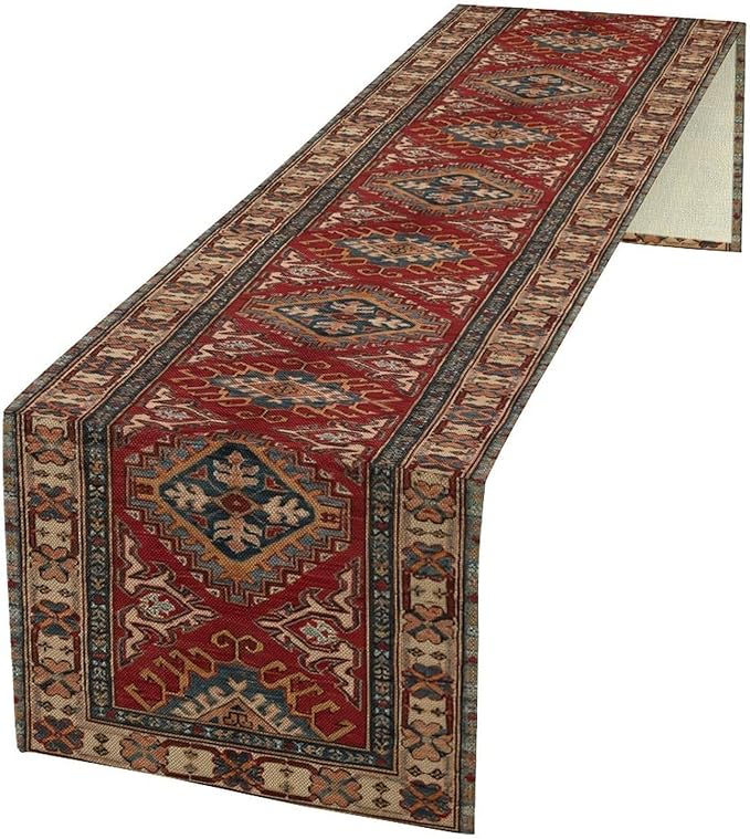 Boho Floral Vintage Table Runner, Red Grey Retro Flower Rustic Country Farmhouse Abstract Pattern for Home Kitchen Table Decor Dining Coffee Room Party Decor 13x120in