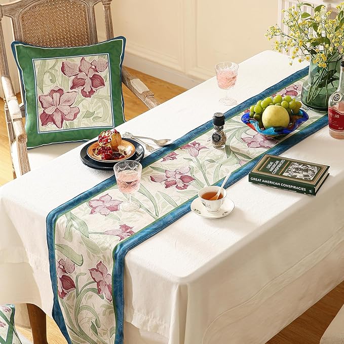 patdrea Designer Elegant Bright Linen Table Runner 71 Inch Long, Mauve Iris Floral Pattern Table Mat, Decoration for Kitchen Dining Table Coffee Table Shelf Cabinet Banquet Christmas ,12"*71"