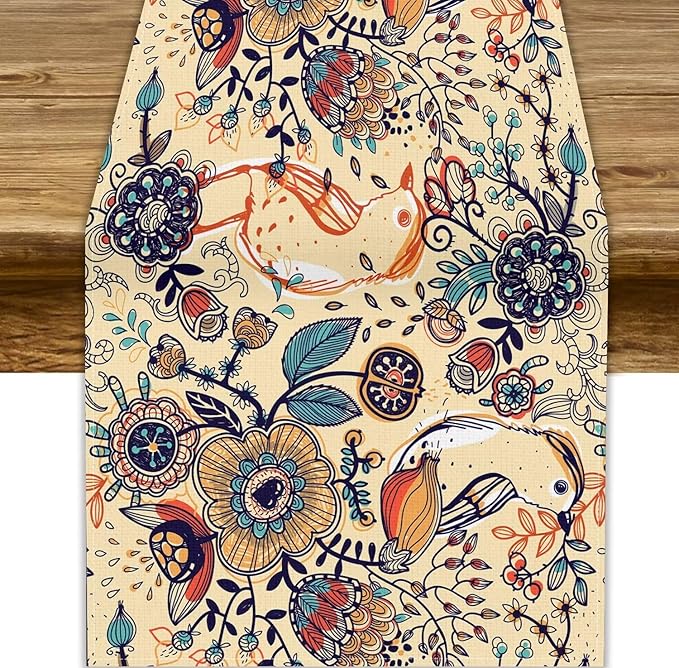Vintage Paisley Table Runner, Boho Beige Paisley Flower Leaves Print Table Runner for Home Party Patio Indoor Outdoor, 13x70inch