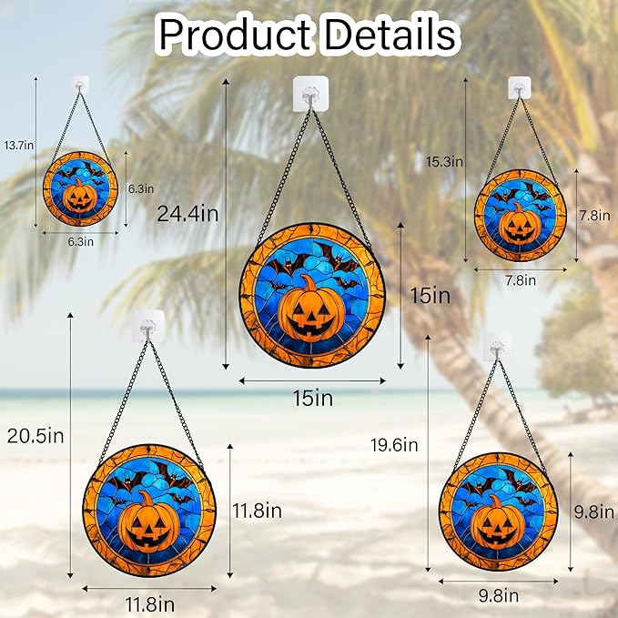 Stained Glass Window Hanging - Halloween Evil Pumpkin Suncatcher for Doors Window Garden Indoor Spooky Brown Bat Sun Catchers Gothic Decor Horror Gifts for Women Men Friend Boy Girl 9.8 in