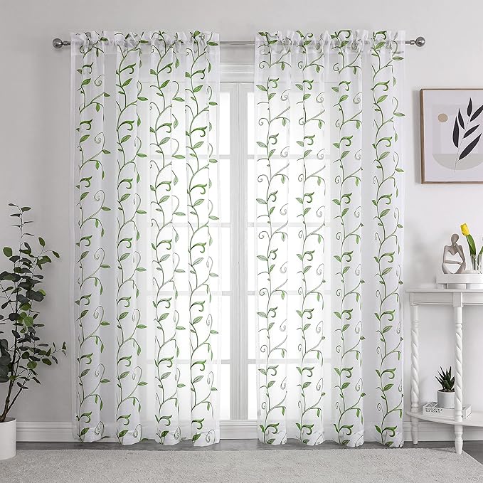 VISIONTEX Embroidered Green Sheer Voile Curtains, Leaves Embroidery Faux Linen Rod Pocket Window Drapes for Living Room and Girls Bedroom 54 x 108 Inch, Set of 2 Curtain Panels