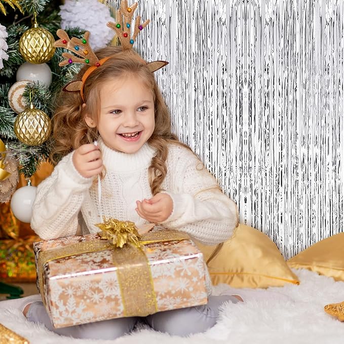 10 Pack Silver Foil Curtain Backdrop 3.2ft x 9.8ft Metallic Tinsel Foil Fringe Curtains Streamer Photo Booth Backdrop for Birthday Party Engagement Bachelorette Party Decorations (Silver)