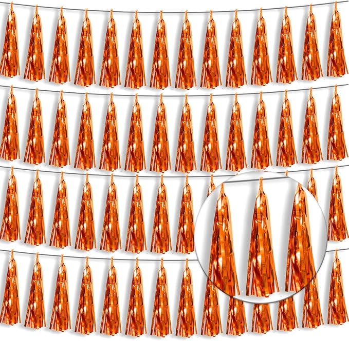 4P Metallic Fringe Tassel Banner Garland Foil Tinsel Streamer Wall Hanging Curtain Backdrop Banner for Parade Floats, Halloween Decorations, Christmas Day, Fall, Thanksgiving Party Decoration(Orange)