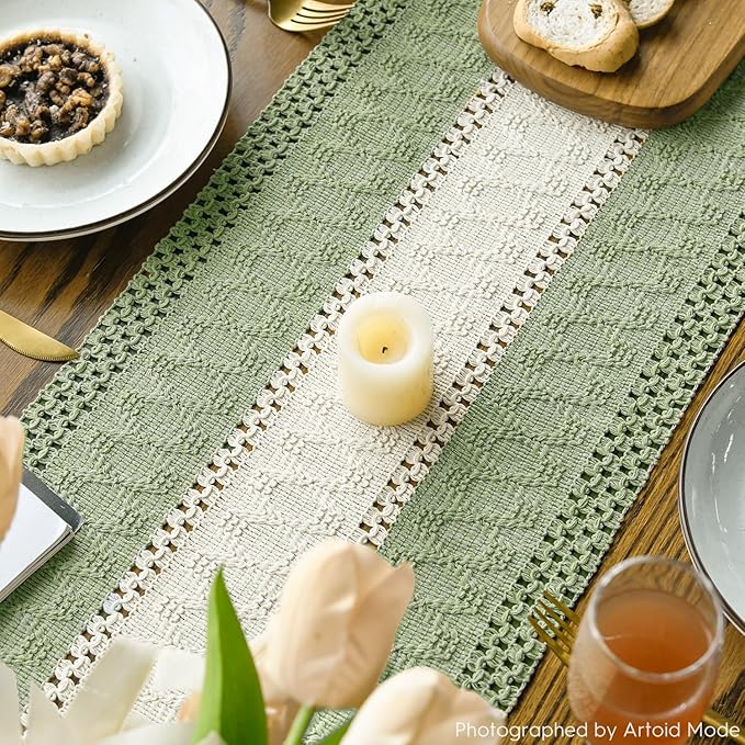 Artoid Mode Light Green Farmhouse Rustic Table Runner, Seasonal Hollow Kitchen Dining Table Decoration for Home Party Decor 12x48 Inch