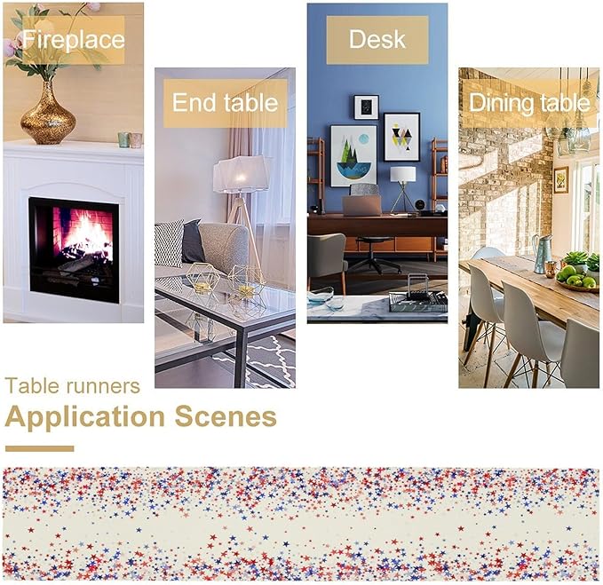 Independence Day Table Runner, 4th of July Red Blue Stars American President Day Holiday Confetti Print Table Cover for Kitchen Dining Table Indoor Outdoor Party, 13x90inch