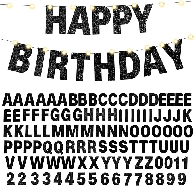TaoBary 112 Pcs DIY Letter Kit Glitter Customizable Banner Letters Include 107 Letters and Numbers 3 Rope and 2 Needles for Birthday Halloween Christmas Wedding Valentine Party Decor(Black)