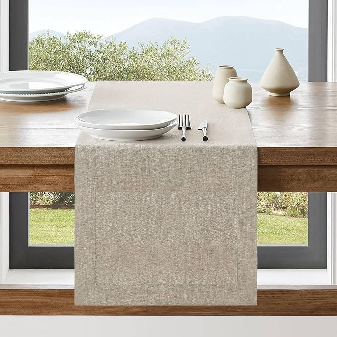 ZeeMart Linen Textured Border Table Runner, 14 x 48 Inch Natural, Farmhouse Style Neutral Table Runners 48 Inches Long, Easy Care Everyday Polyester Table Runner