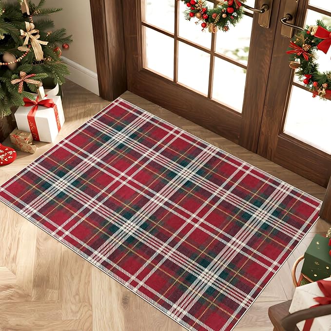 Area Rug Red Tartan Christmas Door Mat, 2x3 Ft Polyester Non-Slip