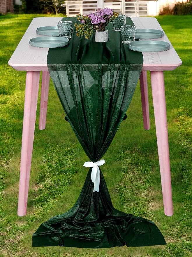 MDS 2 Pack 10ft Chiffon Table Runner 29 x 120 Inches Sheer Wedding Runner Romantic Rustic Table Runner for Wedding Decorations, Birthday Parties, Bridal Shower Party Arch Decor - Hunter Green