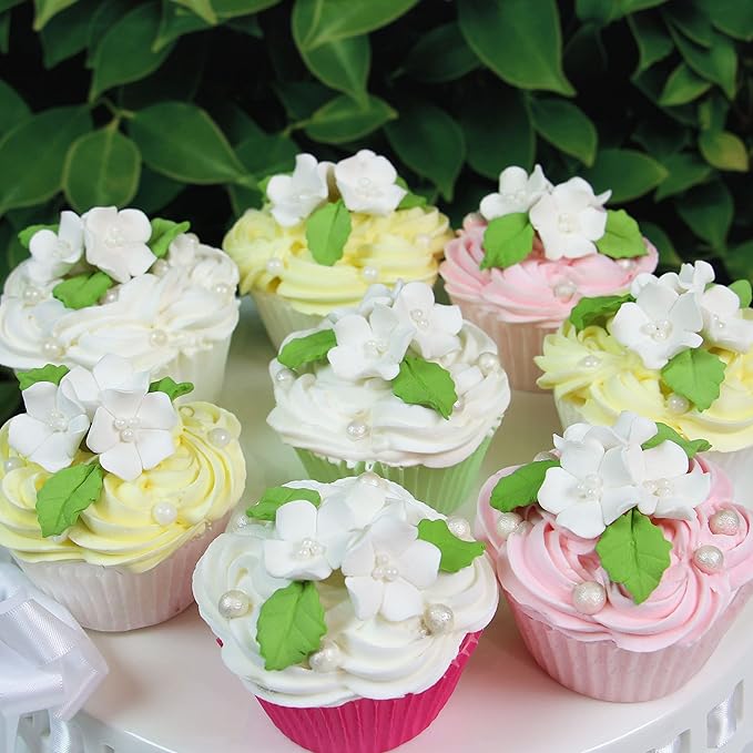 Edible Cake Toppers: 24 White Gumpaste Flowers and Leaves, Small Size