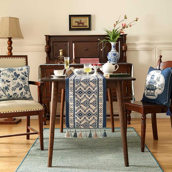 Chinoiserie Blue Stripe Cloth Runner for Table,Decorative Farmhouse Linen 87 Inches Long Table Runners,Decor Tabletop for Kitchen,Dining,Party,Home,Christmas,12"*87"