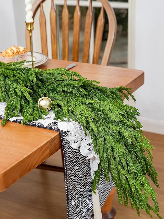 Garland with Dark Green Norfolk Pine Needles, 6 Ft Realistic Christmas Decor
